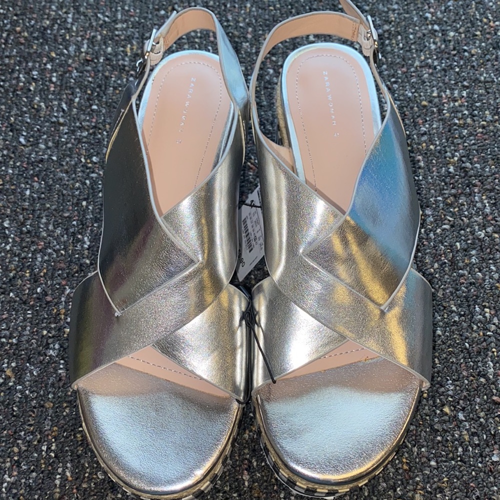 Zara Womens Silver Chunky Platform Gingham Sandals Size 10 great conditi…